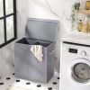 Grey Fabric MDF 2-Compartmant Laundry Hamper Basket with Removeable Cotton Bag