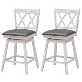 Set of 2 White Wood 24-in Counter Height Farmhouse Swivel Cushion Seat Barstools