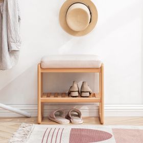 Natural Solid Wood Shoe Bench, Beech Wood Storage Rack Organizer with High Rebound Sponge Cushion