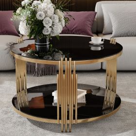 Modern Black Mirror Coffee Table, Asymmetrical Metal, Circular Metal Drum Base, Gold Finish & Lower Shelf