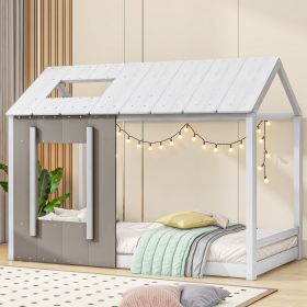 Twin Size House Platform with Roof and Window (Color: White+Antique Grey)